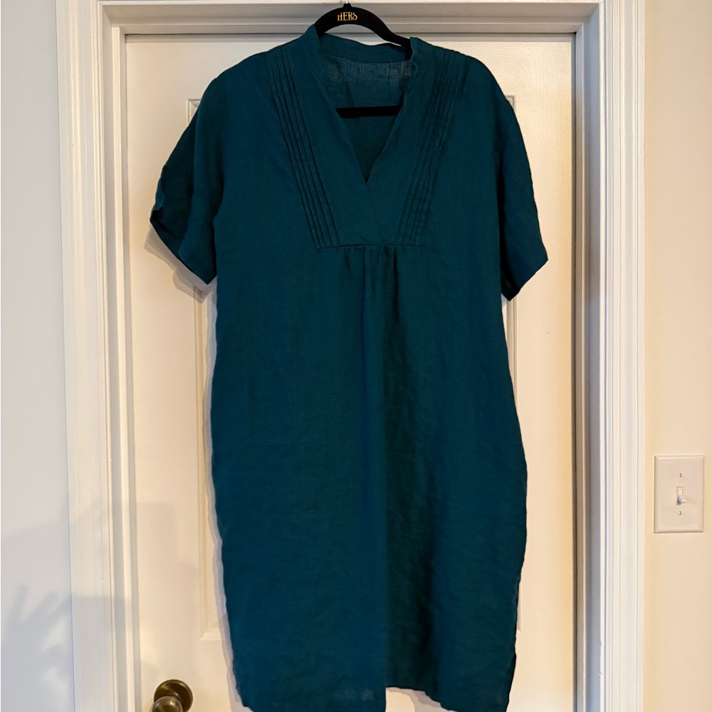 V-Neck Teal Linen Dress